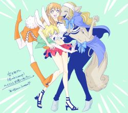  3girls ^_^ aco_lovesan73 blonde_hair blush boots carrot_(one_piece) closed_eyes commentary_request cross-laced_clothes cross-laced_dress dress full_body green_background headband high_heels hug hug_from_behind long_hair midriff multiple_girls nami_(one_piece) navel one_piece orange_boots orange_dress orange_hair rabbit_girl twitter_username wanda_(one_piece) white_headband 