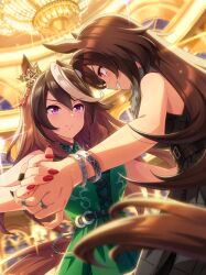  2girls absurdres animal_ears artist_request ballroom bare_arms bare_shoulders belt black_belt black_dress black_nails bracelet brown_hair card_commentary chain_belt chandelier closed_mouth collared_dress commentary cowboy_shot crown dancing determined dot_nose dress ear_through_crown eye_contact formal_clothes fur-trimmed_dress fur_trim furrowed_brow game_cg gold_crown green_dress grin hair_between_eyes happy high_collar highres holding_hands horse_ears horse_girl horse_tail indoors interlocked_fingers jewelry long_hair looking_at_another mini_crown multicolored_hair multiple_girls nail_polish night official_alternate_costume official_art red_eyes red_nails sirius_symboli_(enchainment)_(umamusume) sirius_symboli_(umamusume) sleeveless sleeveless_dress smile standing streaked_hair symboli_rudolf_(enchainment)_(umamusume) symboli_rudolf_(umamusume) tail third-party_source umamusume very_long_hair violet_eyes window 