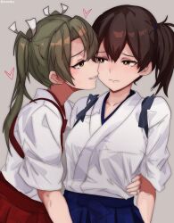  2girls black_hair blue_hakama brown_eyes commentary_request eye_contact green_hair grey_background hakama hakama_skirt incoming_kiss japanese_clothes kaga_(kancolle) kantai_collection kimono long_hair looking_at_another miron_(mirona33) multiple_girls red_hakama side_ponytail simple_background skirt tasuki twintails upper_body white_kimono yuri zuikaku_(kancolle) 