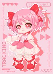  1girl :3 abelia_(xianyu966) absurdres aegyo_sal arrow_(symbol) artist_name bow bow_choker bubble_skirt center_frills chest_jewel chibi chinese_commentary choker closed_mouth commentary_request dot_nose dress dress_bow english_text footwear_bow frilled_gloves frilled_sleeves frilled_socks frills game_over gem gloves hair_bow happy heart highres kaname_madoka kneehighs loading_icon looking_at_viewer magical_girl mahou_shoujo_madoka_magica mahou_shoujo_madoka_magica_(anime) miniskirt outline outstretched_arm pink_background pink_dress pink_eyes pink_hair pixel_art puffy_short_sleeves puffy_sleeves red_bow red_choker red_gem red_shoes shadow shoes short_dress short_hair short_sleeves short_twintails skirt skirt_under_dress smile socks solo speech_bubble square_neckline twintails white_gloves white_outline white_skirt white_sleeves white_socks 
