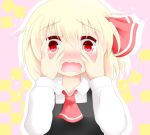  ascot blonde_hair blush bust hair_ribbon hands_on_own_cheeks hands_on_own_face koji_(kohei66) open_mouth red_eyes ribbon rumia shirt short_hair solo touhou vest wavy_mouth youkai 