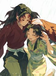  1boy 1girl black_hair closed_eyes closed_mouth commentary_request earrings empty_eyes eurekaaacitrus green_kimono hakama hanafuda_earrings hand_up high_ponytail highres japanese_clothes jewelry kimetsu_no_yaiba kimono long_hair multicolored_hair open_mouth ponytail rain red_eyes red_hair red_kimono sandals smile teeth tsugikuni_yoriichi two-tone_hair upper_teeth_only uta_(kimetsu_no_yaiba) white_background 