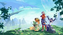  >_< 2girls anniversary armor arms_up basket black_hair blue_sky blurry blurry_foreground bottle clouds coke-bottle_glasses commentary_request elma_(xenoblade_x) food glasses grass grey_hair happy highres holding holding_basket holding_bottle in-universe_location landscape lin_lee_koo long_hair looking_back moon multiple_girls nopon on_ground on_rock outdoors short_hair sitting sky smile standing tatsu_(xenoblade_x) xenoblade_chronicles_(series) xenoblade_chronicles_x yumiyoiyoi 