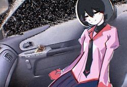  androgynous azmcch black_hair car death_grips guillotine_(death_grips) long_sleeves monogatari_(series) motor_vehicle oshino_ougi parody school_uniform short_hair skirt smile 
