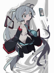  1girl absurdres ahoge bare_shoulders black_boots black_skirt boots cellphone detached_sleeves full_body hatsune_miku headset highres long_hair phone pleated_skirt shirt skirt sleeveless sleeveless_shirt smartphone solo soresaki thigh_boots twintails vocaloid white_shirt 