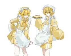  1boy 1girl alternate_costume apron bandaid bandaid_on_leg blonde_hair closed_mouth commentary cowboy_shot don_quixote_(project_moon) food frilled_apron frills grin hair_between_eyes hair_ornament hairclip highres holding holding_plate jacket jersey_maid limbus_company long_sleeves looking_at_viewer maid maid_apron maid_headdress neck_ribbon nwxigeidh omelet omurice open_mouth plate project_moon ribbon short_hair shorts simple_background sinclair_(project_moon) skirt sleeves_past_fingers sleeves_past_wrists smile track_jacket unconventional_maid white_apron white_background yellow_eyes yellow_jacket yellow_ribbon yellow_shorts 