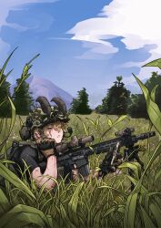  1girl bipod black_gloves black_shirt blonde_hair blue_eyes blue_sky brown_gloves bulletproof_vest clouds combat_helmet corrupted_twitter_file ear_protection epakim escape_from_tarkov gloves grass gun helmet highres holding holding_phone horns lamia_(epakim) laser_sight looking_at_phone lying medium_hair multicolored_gloves multiple_scars on_stomach original outdoors parted_lips phone rifle scar scar_across_eye scar_on_arm scar_on_face scope shirt short_sleeves sky solo sr-25 tree two-tone_gloves upper_body weapon 