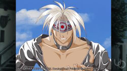  1boy 2000s_(style) anime_coloring atelier-moo belt belt_collar black_belt black_collar black_headband black_jacket blindfold clenched_teeth collar curtained_hair game_cg grey_hair headband jacket non-web_source official_art open_clothes open_jacket parted_hair shadow_(yuukyuu_gensoukyoku) short_hair smile solo standing teeth yuukyuu_gensoukyoku yuukyuu_gensoukyoku_revival 