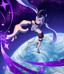  1girl absurdres ahoge arm_strap black_hole black_horns black_shorts commentary crackling_energy demon_girl demon_tail earth_(planet) english_commentary forced_perspective full_body grey_shirt highres hololive horns la+_darknesss long_hair multicolored_hair multicolored_horns planet reaching rs:d shirt shorts space sparkle star_(sky) striped_horns tail thigh_strap twintails 
