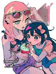  +_+ 2girls absurdres adjusting_eyewear alternate_costume aubrey_(faraway)_(omori) aubrey_(headspace)_(omori) aubrey_(omori) bandaid bandaid_on_arm black_eyes black_hair blue_eyes blue_one-piece_swimsuit blue_shorts bow bracelet braid closed_mouth collarbone cup denim denim_shorts drinking_straw drinking_straw_in_mouth dual_persona ear_piercing english_text eyewear_on_head food fruit hair_bow highres holding holding_cup jewelry long_hair milkymilkyshark multiple_girls necklace omori one-piece_swimsuit open_mouth piercing pink_bow pink_hair shorts sidelocks simple_background sunglasses sweatdrop swimsuit teeth upper_teeth_only watermelon watermelon_slice white_background 