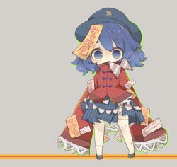  1girl blue_eyes blue_hair blue_hat blue_skirt bow commentary full_body grey_background hat long_sleeves looking_at_viewer miyako_yoshika ofuda ofuda_on_clothes ofuda_on_head red_shirt shirt short_hair skirt sleeves_past_fingers sleeves_past_wrists solo standing stitched_leg stitches striped_bow touhou yaco_(nuitnotte) 