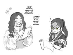  2girls absurdres armband bow_(earclacks) commentary earclacks english_commentary english_text flying_sweatdrops greyscale highres holding holding_scroll long_hair monochrome multiple_girls open_mouth ponytail sakanaflyer school_uniform scroll scroll_(earclacks) semi-rimless_eyewear signing smile spot_color sweatdrop upper_body writing yellow_eyes 