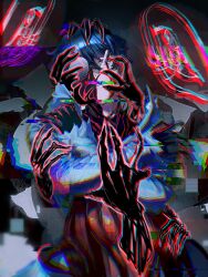  1boy black_gloves blood blood_from_eyes blue_hair chromatic_aberration coat commentary_request crossed_arms disembodied_hand distortion extra_arms glasses glitch gloves highres hohenheim_(project_moon) lab_coat limbus_company long_sleeves male_focus project_moon round_eyewear shadow_hands short_hair solo sontakumuyo 