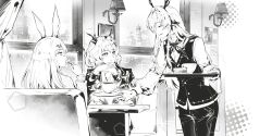  3girls absurdres alina_(arknights) alternate_costume animal_ears antlers arknights booth_seating closed_eyes commentary cup deer_ears deer_girl demon_horns feet_out_of_frame fork frostnova_(arknights) greyscale hair_intakes head_rest highres holding holding_fork holding_tray horns indoors jacket ldty long_hair looking_at_another monochrome multiple_girls neckerchief rabbit_ears saucer short_hair smile talulah_(arknights) talulah_the_fighter_(arknights) teacup tray vest wall_lamp window 