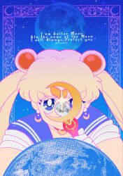  1girl absurdres artemis_ii artemis_program bishoujo_senshi_sailor_moon blonde_hair blue_background blue_eyes blue_sailor_collar choker commentary crescent crescent_choker crescent_earrings double_bun earrings english_commentary english_text hair_bun highres jewelry long_hair looking_at_viewer magical_girl moon moon_stick_(sailor_moon) percivore red_choker sailor_collar sailor_moon sailor_senshi sailor_senshi_uniform solo tsukino_usagi twintails 
