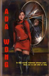  1boy 1girl ada_wong black_boots black_gloves black_hair blue_shirt boots breasts broken_mirror brown_hair brown_pantyhose chest_harness commentary cowboy_shot dress english_commentary english_text feet_out_of_frame gloves gun handgun harness highres holding holding_gun holding_weapon leon_s._kennedy medium_breasts mimimaru mirror pantyhose parted_bangs red_dress red_lips resident_evil resident_evil_4 ribbed_dress shirt short_dress short_hair sign sitting thigh_boots turtleneck turtleneck_dress weapon 
