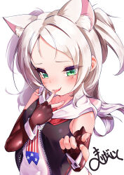  1girl absurdres american_flag_neckwear animal_ears azur_lane bare_shoulders black_gloves black_vest blush breasts cat_ears cat_girl commentary_request covered_navel dress elbow_gloves fingerless_gloves from_above gloves green_eyes hands_up highres licking licking_finger licking_own_finger long_hair looking_at_viewer looking_up marimo_daifuku necktie pointing pointing_at_viewer seductive_smile sims_(azur_lane) sleeveless sleeveless_dress small_breasts smile smug solo unzipped upper_body v very_long_hair vest white_dress white_hair 
