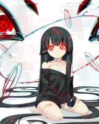  absurdres bare_shoulders black_hair chaos_(mon-musu_quest!) collarbone commentary_request disembodied_eye glitch hair_over_shoulder halo highres kneeling long_hair mon-musu_quest! mon-musu_quest:_paradox multicolored_halo oversized_clothes ribbed_sweater shiki_(psychedelic_g2) sweater tattoo twitter_username very_long_hair 
