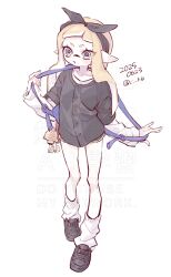  1girl artist_name backpack bag black_bow black_hairband black_shirt black_shoes blonde_hair bow bow_hairband buttons c_kb commentary dated full_body hairband highres inkling inkling_girl inkling_player_character leg_warmers long_hair looking_to_the_side pointy_ears shirt shoes short_eyebrows simple_background solo splatoon_(series) standing tentacle_hair twitter_username watermark white_background white_leg_warmers yellow_eyes 