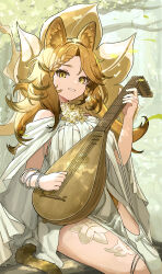  1girl absurdres animal_ear_fluff animal_ears arknights blonde_hair bracelet braid braided_bangs breasts cape cat_ears cat_girl cat_tail commentary_request commission day dress earrings feet_out_of_frame floral_print flower flower_earrings flower_on_chest forest highres holding_lute humidasi79 instrument jewelry large_breasts leotard leotard_peek long_hair looking_at_viewer lute_(instrument) multiple_bracelets music nature off-shoulder_dress off_shoulder official_alternate_costume outdoors parted_lips pelvic_curtain playing_instrument quercus_(arknights) quercus_(the_bard's_tale)_(arknights) sitting skeb_commission smile solo tail thighs white_cape white_dress white_flower yellow_eyes yellow_leotard 