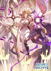  1girl angel angel_wings architecture asymmetrical_legwear bare_shoulders belt black_wings blonde_hair blue_eyes bracelet breasts closed_mouth copyright_name dress electricity energy_sword english_commentary expressionless faicha falling_feathers feathered_wings feathers floating floating_headgear full_body gold_choker gold_hairband gold_trim grand_archive hair_between_eyes hair_ornament hairband haniel_(grand_archive) head_wings headgear heterochromia high-waist_belt high_heel_sandals high_heels highres holding holding_sword holding_weapon indoors jewelry levitation light_particles light_rays logo long_hair magic mismatched_legwear multiple_swords multiple_wings official_art open_hand photokinesis round_window sandals seraph serious sheath short_dress sidelocks sleeveless sleeveless_dress solo stained_glass sword temple thighs two-tone_legwear umbrakinesis unsheathing very_long_hair violet_eyes weapon white_dress white_wings window winged_hair_ornament wings 