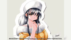  1girl 2000s_(style) artist_name atelier-moo bare_shoulders black_hair breasts brown_eyes dress fur-trimmed_dress fur_trim game_cg hand_up hat long_hair long_sidelocks medium_breasts non-web_source off-shoulder_dress off_shoulder official_art sheela_sheffield short_sleeves sidelocks signature simple_background solo standing upper_body white_background white_hat yuukyuu_gensoukyoku 