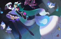  1girl absurdres aqua_hair black_skirt black_sleeves black_thighhighs colored_sclera commentary_request detached_sleeves floating floating_clothes ghost_miku_(project_voltage) ghost_type_theme_(pokemon) glitch grey_shirt grey_trim hair_between_eyes hair_ornament hatsune_miku highres hitodama litwick long_hair long_hair_between_eyes mismagius multicolored_hair necktie parted_lips pokemon print_sleeves project_voltage purple_hair red_eyes see-through_clothes see-through_skirt shirt skirt sleeveless sleeveless_shirt sleeves_past_fingers sleeves_past_wrists solo thigh-highs twintails very_long_hair vocaloid white_hair white_necktie yellow_eyes yellow_sclera yukihira_makoto 