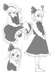  1girl ? bow bowtie closed_mouth collared_shirt commentary_request frilled_skirt frills greyscale highres holding holding_sword holding_weapon katana keiki8296 konpaku_youmu long_sleeves mary_janes medium_hair monochrome multiple_views open_mouth scared sheath sheathed shirt shoes skirt socks sword tearing_up touhou vest weapon 