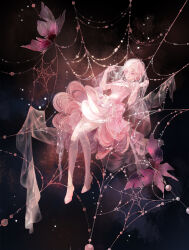  1girl absurdres bare_shoulders bead_armlet bead_bracelet bead_necklace beads black_background bracelet bug butterfly chinese_commentary closed_mouth commentary_request dress expressionless full_body hair_beads hair_ornament high_heels highres in_web jewelry light_blush lightweaving_kiss_(shining_nikki) lipstick looking_at_viewer makeup medium_dress multiple_bracelets necklace nikki_(series) over-kneehighs pink_butterfly pink_dress pink_eyes pink_hair pink_shoes red_lips see-through_clothes see-through_veil shining_nikki shoes short_hair silk situ_ming_ling_hua_yi socks solo spider_web stiletto_heels strapless strapless_dress thigh-highs updo veil white_socks white_veil 