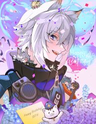  2boys 4girls absurdres ahoge animal_ear_fluff animal_ears balloon blonde_hair blush cat_boy cat_ears cissia_(zenless_zone_zero) closed_eyes closed_mouth commentary_request confetti grey_eyes hair_between_eyes happy_birthday heart_balloon highres jane_doe_(zenless_zone_zero) looking_at_viewer mini_person mini_person_on_head mouse_ears mouse_girl multiple_boys multiple_girls musical_note naru9 note notice_lines officer_mewmew open_mouth pink_background police police_badge police_uniform policeman qingyi_(zenless_zone_zero) red_eyes seth_lowell severian_lowell smile violet_eyes white_hair zenless_zone_zero zhu_yuan 