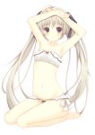  armpits arms_up barefoot bikini blush bow brown_eyes collarbone frills hair_ribbon highres kasugano_sora long_hair looking_at_viewer mound_of_venus navel ribbon silver_hair simple_background sitting solo swimsuit twintails very_long_hair white_background white_swimsuit yamucha yosuga_no_sora 