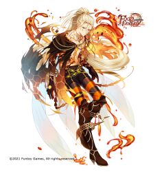  1boy alternate_costume armored_boots bee bee_wings belt black_boots black_cloak black_gloves black_pants blonde_hair boots bracer broken brooch bug cloak closed_mouth cocosuke commentary_request copyright_logo copyright_notice elbow_gloves expressionless food_fantasy full_body gaiters gloves gold_collar high_heel_boots high_heels high_ponytail highres honey honeycomb_(pattern) insect_wings jewelry knee_boots logo long_hair looking_at_viewer male_focus material_growth no_shirt official_art pants parted_bangs ponytail royal_jelly_(food_fantasy) scratches sideways_glance simple_background solo spiked_hair_ornament spikes standing striped_clothes torn_cloak torn_clothes very_long_hair white_background wings yellow_belt yellow_eyes 