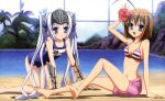  2girls absurdres ahoge armor barefoot bikini blue_eyes blush brown_hair collarbone detexted eucliwood_hellscythe fang feet flat_chest flower hair_flower hair_ornament hair_ribbon hairclip haruna_(kore_wa_zombie_desu_ka?) haruna_(zombie) hibiscus highres kneeling kore_wa_zombie_desu_ka kore_wa_zombie_desu_ka? legs long_hair multiple_girls navel official_art open_mouth pool poolside purple_eyes ribbon sand school_swimsuit shorts silver_hair soles striped striped_bikini striped_swimsuit swimsuit swimsuit tagashira_shinobu twintails very_long_hair violet_eyes visor_(armor) water waterpark 