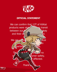  1girl 2026_kitkat_heist absurdres bag boots brown_hair brown_jacket candy candy_bar deformed english_text food from_side full_body grey_hat grey_skirt hat hayde_ink highres jacket kitkat logo long_hair low_ponytail melania_(reverse:1999) miniskirt ms._acey newsboy_cap ponytail profile red_background red_boots reverse:1999 running shoulder_bag skirt solo sweater thigh_boots white_sweater 