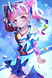  1girl arm_behind_back arms_behind_back bare_shoulders belt belt_buckle blue_background blue_overalls blunt_bangs buckle buttons commentary_request cowboy_shot dress eyelashes frilled_dress frilled_sleeves frills gold_buckle hair_bobbles hair_ornament hand_on_own_arm highres hoshina_hikaru jewelry light_blush long_hair long_sleeves loose_hair_strand low-tied_long_hair narumi_kanata off-shoulder_shirt off_shoulder open_mouth overall_skirt overalls pendant pink_belt pink_eyes pink_hair pink_shirt precure shirt short_dress sky smile solo standing star_(sky) star_(symbol) star_twinkle_precure starry_sky twintails 