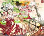  1boy 1girl 2girls amaterasu animal_ears character_request chibiterasu detached_sleeves fire kaze-hime long_hair multiple_girls okamiden ookami_(game) ookamiden paintbrush personification short_hair 