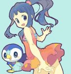  1girl alternate_costume alternate_hairstyle blue_background blue_hair drawr hikari_(pokemon) piplup pokemon pokemon_(creature) pokemon_(game) pokemon_dppt ponytail shouji_ni_nanshi 