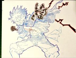  1boy abs clenched_hand cross_scar haki_(one_piece) kiecaburn lightning looking_at_viewer monkey_d._luffy one_piece open_clothes open_shirt outstretched_arm reaching reaching_towards_viewer sash scar scar_on_cheek scar_on_chest scar_on_face shirt short_hair shorts simple_background smile solo toned toned_male traditional_media v-shaped_eyebrows waist_sash white_background 