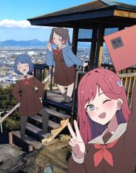  3girls ;d black_hair black_pantyhose blue_cardigan blue_eyes blue_hair blush brown_dress cardigan cellphone colored_tips commentary_request double_bun dress hair_bun hasu_no_sora_school_uniform holding holding_phone kinjou_maika link!_like!_love_live! long_sleeves love_live! medium_dress medium_hair multicolored_hair multiple_girls neckerchief o3o one_eye_closed open_cardigan open_clothes open_mouth outdoors pantyhose phone photo_background pink_hair pleated_dress red_hair red_neckerchief reizawa_aoi sailor_collar sailor_dress school_uniform selfie shirin_mion short_hair smartphone smile soyo1558686 two_side_up v violet_eyes white_sailor_collar winter_uniform 