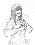  beret clenched_hand creepy graphite_(medium) greyscale grin hat hong_meiling kobushi long_hair monochrome muscle sharp_teeth sketch smile solo touhou traditional_media 