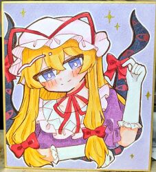 1girl anzu_cha709 blonde_hair blue_eyes bow commentary crossed_bangs dress elbow_gloves frilled_gloves frills gap_(touhou) gloves hair_bow hat looking_at_viewer mob_cap purple_dress red_bow shikishi sidelocks smile solo touhou traditional_media upper_body white_gloves white_hat yakumo_yukari 