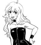  bare_shoulders bb_(baalbuddy) breasts choker cleavage commentary dress full-length_zipper greyscale hand_on_hip hips hoshii_miki idolmaster latex long_hair monochrome open_mouth solo strapless_dress wristband zipper 
