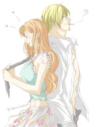  1boy 1girl ^_^ aco_lovesan73 arm_tattoo back-to-back black_necktie blonde_hair blue_eyes blush cigarette closed_eyes collared_shirt commentary_request curly_eyebrows facial_hair heart highres long_hair mustache nami_(one_piece) necktie one_piece open_clothes open_shirt orange_hair profile sanji_(one_piece) shirt short_hair simple_background smile smoke_heart tattoo twitter_username white_background white_shirt 