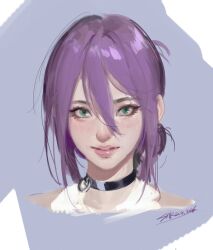  1girl 2026 black_choker chainsaw_man choker commentary cropped_torso dated green_eyes grenade_pin grey_background hair_between_eyes hair_bun highres light_blush light_smile looking_at_viewer medium_hair parted_lips purple_hair reze_(chainsaw_man) sesesnk shirt signature sleeveless sleeveless_shirt solo updo upper_body white_shirt 