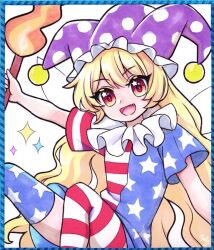 1girl american_flag_dress american_flag_legwear blonde_hair clownpiece commentary dress fairy_wings fang flag_print hat holding holding_torch jester_cap long_hair looking_at_viewer miy_001 neck_ruff open_mouth pantyhose polka_dot polka_dot_headwear purple_hat red_eyes smile solo star_(symbol) star_in_eye star_print striped_clothes striped_dress striped_pantyhose symbol_in_eye torch touhou traditional_media very_long_hair wings 