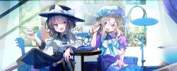  4girls arm_on_table asymmetrical_sidelocks audio_cable belt black_hat black_skirt blonde_hair blue_eyes blush bow breast_pocket brown_eyes buttons cd cd_player collared_dress collared_shirt contrast_collar crossed_legs cup diamond_button disc dress drum drum_set earphones guitar hat hat_bow highres holding holding_cd holding_cup holding_disc instrument iwanaga_ariya long_hair maribel_hearn medium_hair minus_(sr_mineka) mob_cap multiple_girls open_mouth panda pocket purple_dress shared_earphones shirt shirt_tucked_in short_sleeves sidelocks sitting skirt smile touhou usami_renko white_hat white_shirt yuiman_asama 