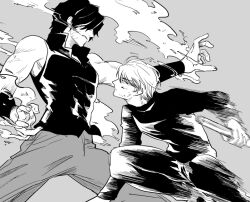  2boys abs battle black_hair black_pants black_shirt blood blood_on_face chinese_clothes fighting fighting_stance fire hair_over_eyes holding holding_baton_(weapon) holding_weapon kagetsu_tooya kishima_kouma metarogu monochrome motion_lines multiple_boys muscular muscular_male nanaya_kiri pants pectorals pyrokinesis scene_reference shirt sleeveless sleeveless_shirt tangzhuang tsukihime weapon white_hair 