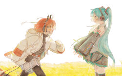  2girls a.i._voice absurdres adachi_rei aqua_eyes aqua_hair arm_tattoo belt belt_pouch black_leggings black_shirt black_skirt black_sleeves black_thighhighs cable closed_mouth commentary_request cowboy_shot detached_sleeves drawstring from_side gloves grey_shirt grey_shorts hair_ribbon hatsune_miku headset highres hood hood_down hooded_jacket jacket leggings long_hair long_sleeves looking_at_another mixed_media multiple_girls number_tattoo open_clothes open_jacket open_mouth orange_belt orange_eyes orange_hair paper_texture pleated_shorts pleated_skirt pouch radio_antenna ribbon running sabaku_(saba9) shirt shorts skirt sleeveless sleeveless_shirt smile standing tattoo thigh-highs traditional_media twintails utau very_long_hair vocaloid watercolor_pencil_(medium) white_gloves white_jacket white_ribbon zettai_ryouiki 