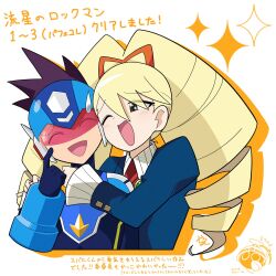  1boy 1girl armor blue_armor blue_helmet blush bow closed_eyes commentary_request drill_hair em_wave_change_(mega_man) geo_stelar_(mega_man) hair_bow helmet highres hug luna_platz_(mega_man) mega_man_(series) mega_man_star_force_(series) one_eye_closed open_mouth orange_bow smile sparkle sparkling_eyes star_force_mega_man sweatdrop translation_request twin_drills yatsuhashi_(partyanthem) 