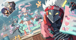  2boys 4girls anby_demara animal_ears aria_(zenless_zone_zero) aria_(zenless_zone_zero)_(cosplay) arm_warmers backpack bag bangboo_(zenless_zone_zero) belle_(zenless_zone_zero) billy_kid billy_kid_(starlight) black_hair black_skirt boots cat_ears cat_girl cat_tail closed_eyes cocodar commentary_request cosplay dress fingerless_gloves floating_hair gloves grey_hair highres leg_warmers long_hair looking_at_viewer multiple_boys multiple_girls multiple_tails nangong_yu nangong_yu_(cosplay) nekomiya_mana one_eye_closed open_mouth pink_gloves pink_hair pink_socks shirt short_hair short_sleeves skirt smile socks striped_arm_warmers striped_leg_warmers sunna_(zenless_zone_zero) sunna_(zenless_zone_zero)_(cosplay) tail thigh-highs two_tails white_boots white_dress white_shirt white_thighhighs wise_(zenless_zone_zero) zenless_zone_zero 